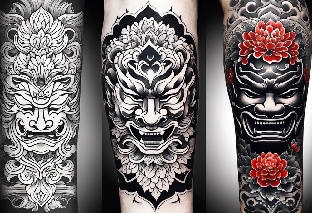 I want to combine japanese and ornamental styles. I want to have a full sleeve tattoo. i want a japanese oni mask in the top, japanese Chrysanthemum Flower in the bottom and fill the rest with ornamental tattoo tattoo idea