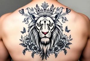 powerful majestic lion with a crown, surrounded by floral ornaments and birds tattoo idea