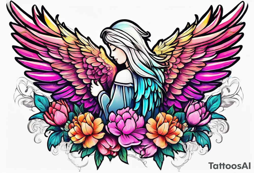 beautiful colorful neon angel wings, surrounded by beautiful peonies, new school style, streetwear, urban wear, white background tattoo idea