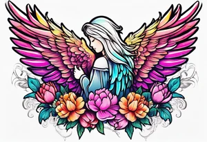 beautiful colorful neon angel wings, surrounded by beautiful peonies, new school style, streetwear, urban wear, white background tattoo idea