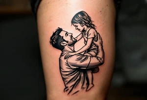 A line-art silhouette of a father lifting his daughter onto his shoulders, with a soft golden glow around them. tattoo idea