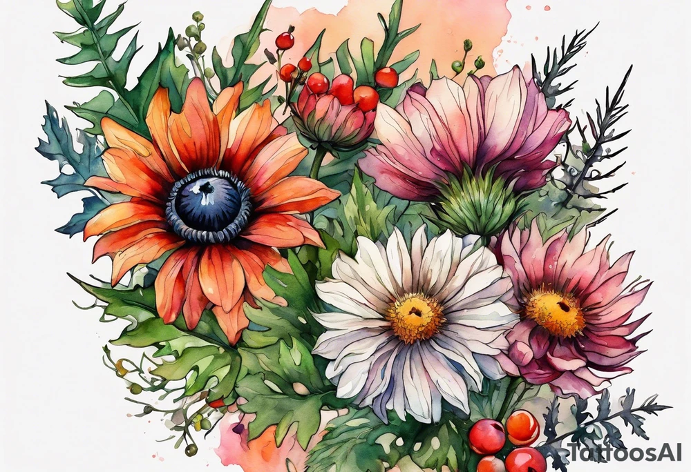 wildflowers with thistles, ferns, black eyed beauty flowers, cream flowers, sun flowers, orange flowers, green flowers, pink flowers, red flowers, berries and all in watercolor tattoo idea