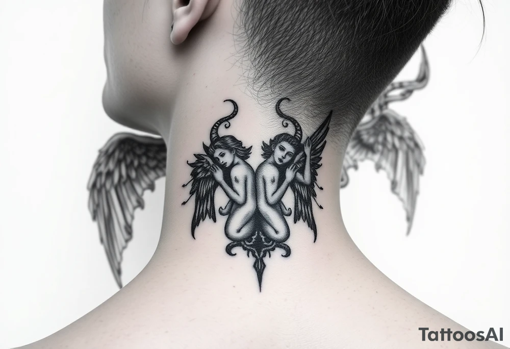 position behind the neck Angel (on the right) whispering in the right ear, demon (on the left) whispering in the left ear. It must be as realistic as possible. tattoo idea
