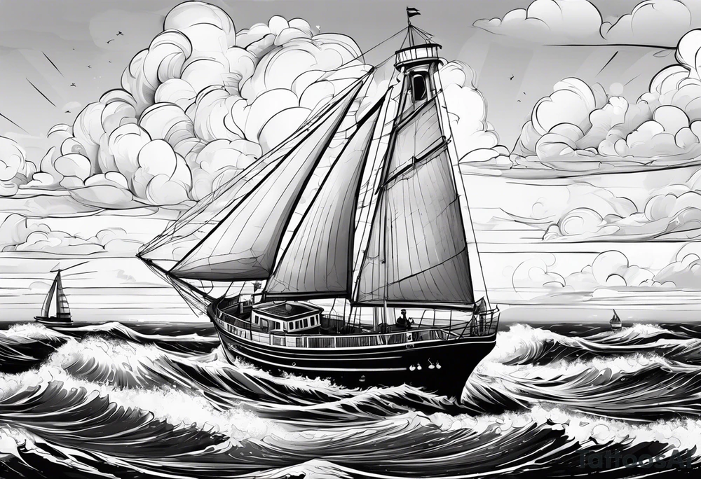 phare maritime dans un bateau a voiles vu du devant. tattoo idea