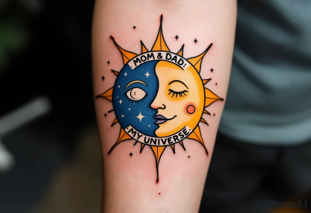A whimsical sun and moon design in yellow and navy with “Mom & Dad: My Universe” circling it. tattoo idea