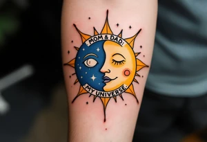 A whimsical sun and moon design in yellow and navy with “Mom & Dad: My Universe” circling it. tattoo idea