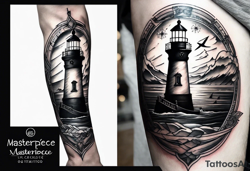 An open book with a lighthouse in the middle and a compass to wrap around forearm tattoo idea