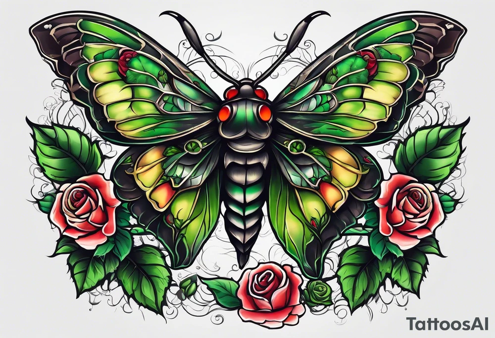 deaths head moth with green thorns and roses around it tattoo idea