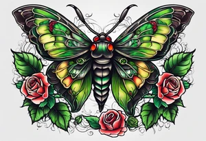 deaths head moth with green thorns and roses around it tattoo idea