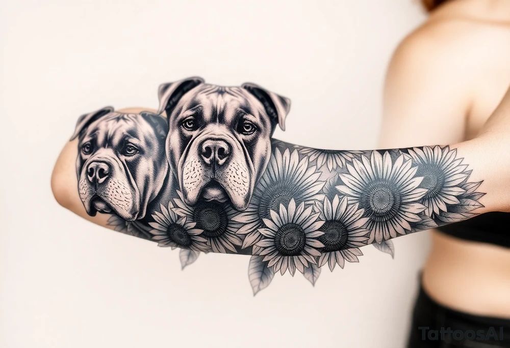 Multiple very thick muscled up pitbulls' portraits fading into the background as filler incorporate sunflowers, an old road made from pavers tattoo idea