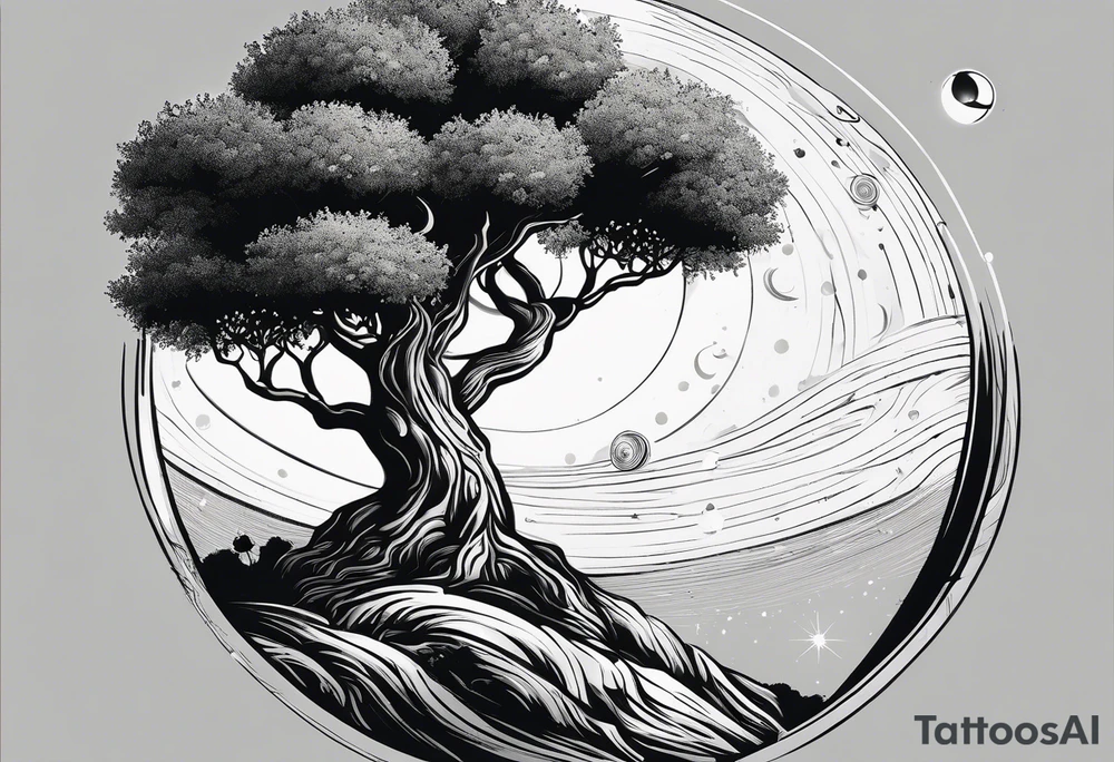 An olive tree in a black hole  with a small Saturn-like planet in in the background. tattoo idea