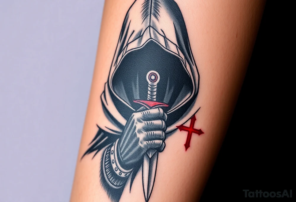 A hooded Templar assassin, hidden in the shadows, gripping a dagger, with the faint outline of a red cross glowing on his cloak tattoo idea