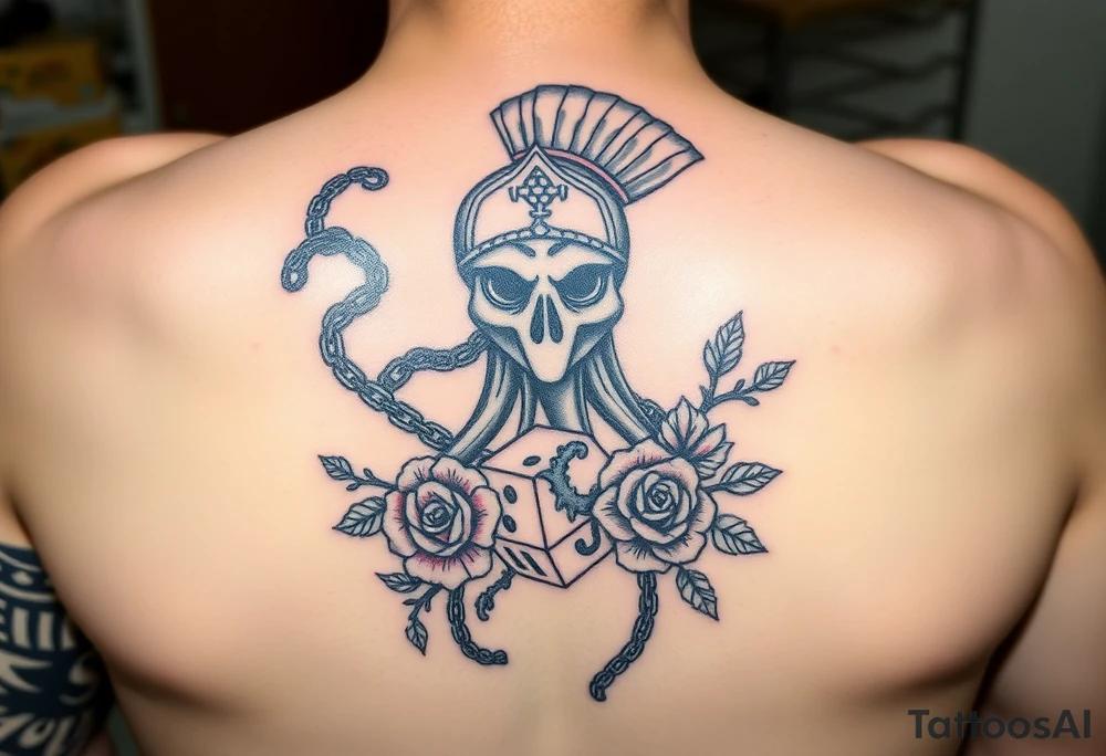 Squid and spartan and sailor hat combined with chains, tree roots, cherry blossoms and roses rolling dice tattoo idea