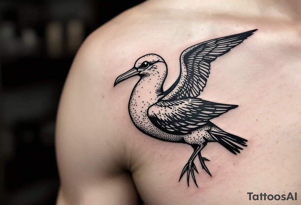 Vintage Etching Style Albatross – Inspired by old book illustrations, this tattoo uses fine black lines and stippling, resembling a classic seafarer’s design. tattoo idea