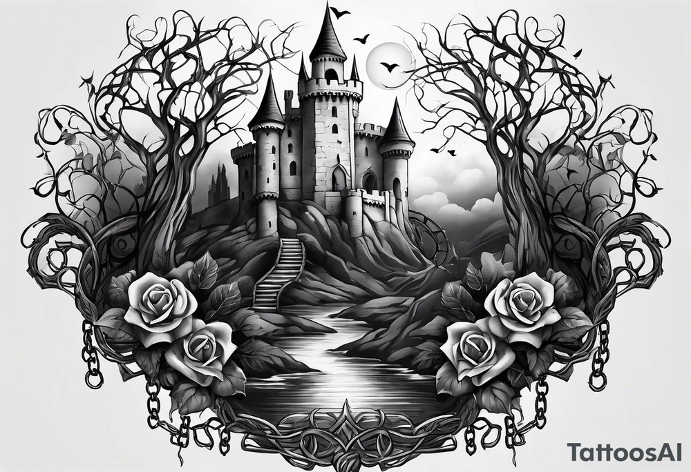 tattoo fool sleeve, old broken gothic castle, tree roots break out of the chains, roses tattoo idea