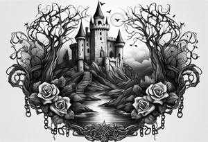 tattoo fool sleeve, old broken gothic castle, tree roots break out of the chains, roses tattoo idea