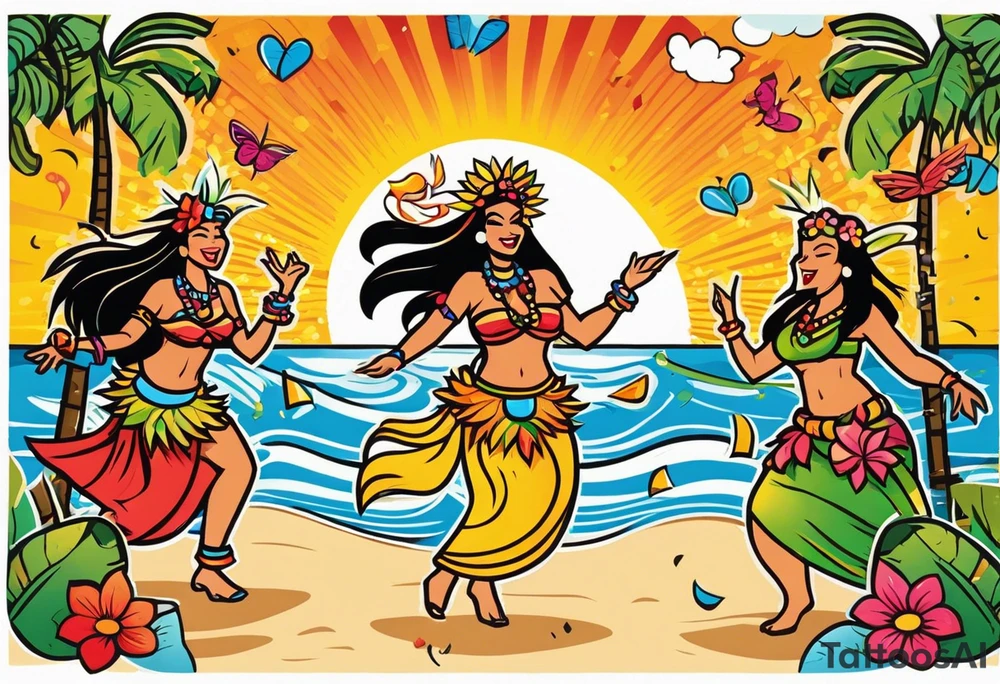 dancing tiki gods and hula girls on the left and right side of a beach party scene with confetti and music notes with a setting sun in the center of the image tattoo idea