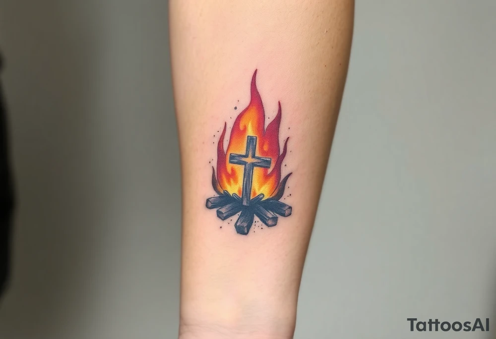 Campfire with a cross hidden in the flames tattoo idea