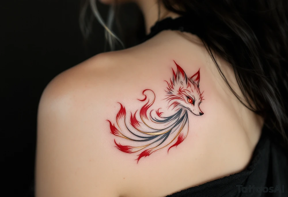 A white kitsune (fox spirit) with red markings and nine flowing tails edged in gold. tattoo idea