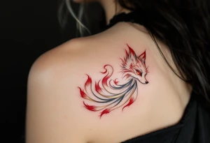 A white kitsune (fox spirit) with red markings and nine flowing tails edged in gold. tattoo idea