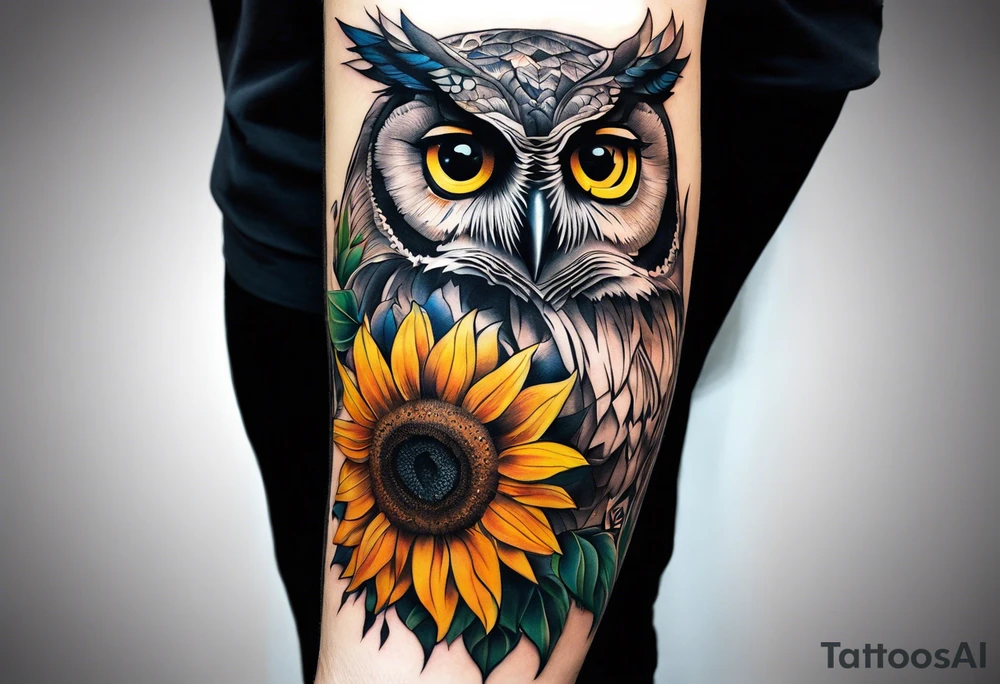 Arm sleeve with colorful sunflowers and an owl tattoo idea