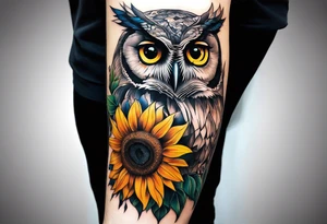 Arm sleeve with colorful sunflowers and an owl tattoo idea