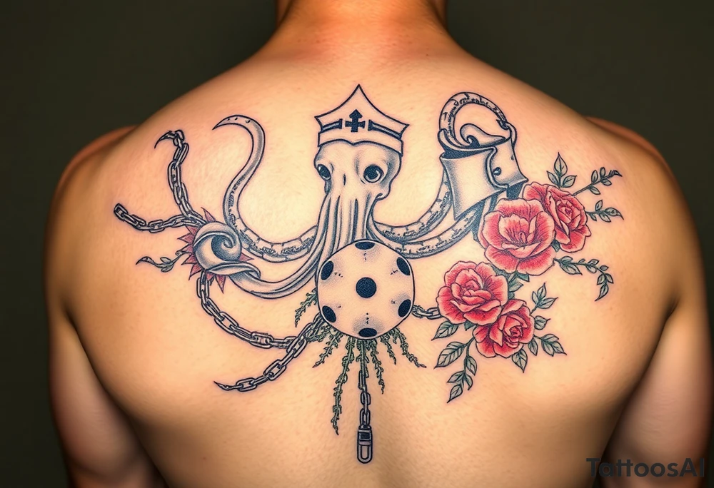 Squid and knight and sailor hat combined with chains, tree roots, cherry blossoms and roses rolling dice tattoo idea