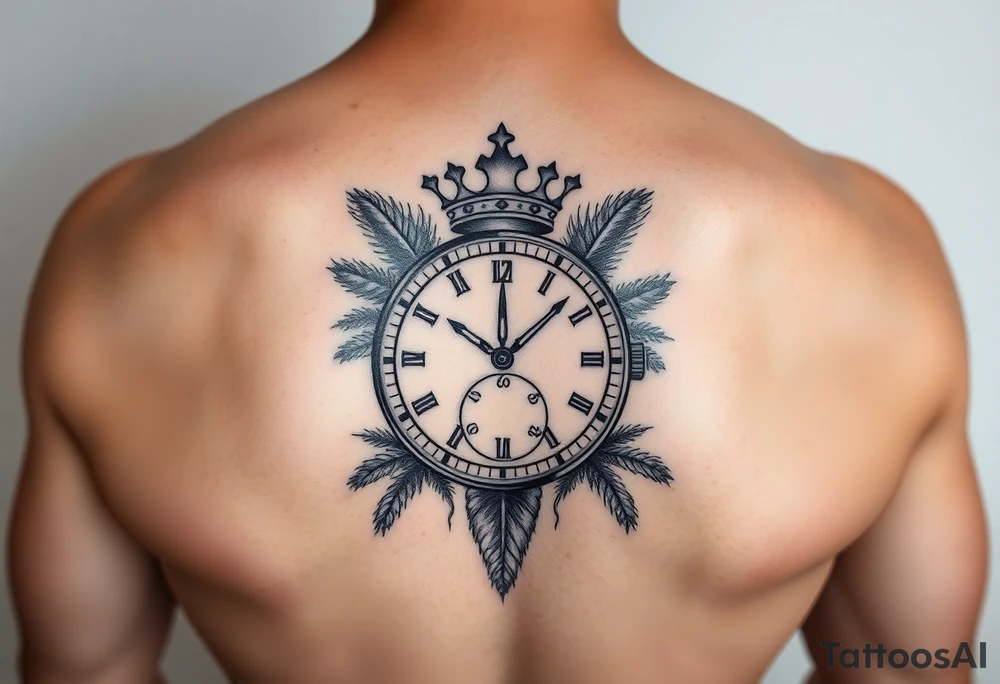 Hazme un tatuaje en el antebrazo que tenga un fondo de playa con palmeras le siga un reloj rompiéndose con un balón de fútbol con relieve con una corona y que encima del tatuaje ponga el tiempo De Dios es perfecto con una fuente en cursiva y negrita tattoo idea