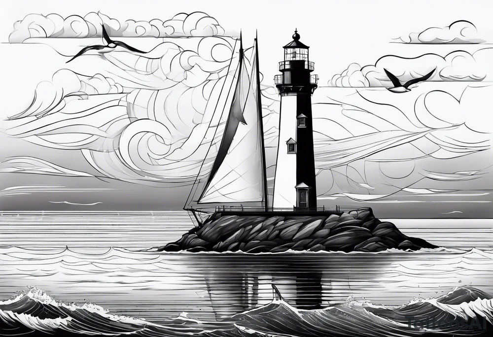 maritime lighthouse partially hidden by its large fixed sail. calm sea reflection. tattoo idea