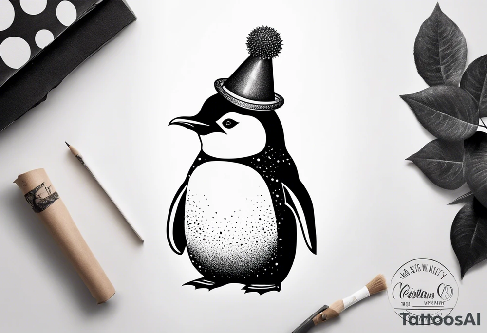 Realistic Penguin with a party hat and holding a ballon crosshatch style tattoo idea