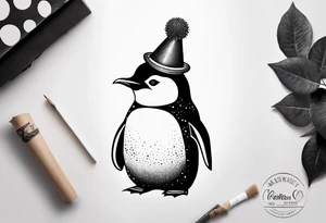 Realistic Penguin with a party hat and holding a ballon crosshatch style tattoo idea