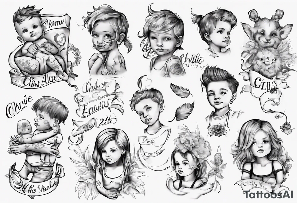 tattoo with names of kids, the names are Chris André, he is a boy and he is born 23. April 2016, and the other kid is named Emilie, she is a girl and is born 27. march 2021. tattoo idea