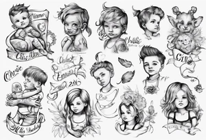 tattoo with names of kids, the names are Chris André, he is a boy and he is born 23. April 2016, and the other kid is named Emilie, she is a girl and is born 27. march 2021. tattoo idea