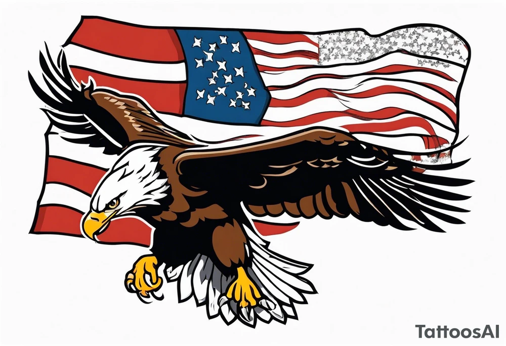 American eagle flying while holding American flag in beak tattoo idea