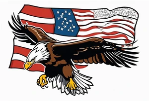 American eagle flying while holding American flag in beak tattoo idea