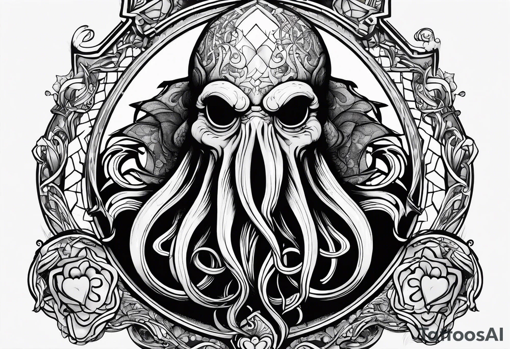 Long tattoo for arm. Cthulhu protecting a heart. Lovecraftian. tattoo idea