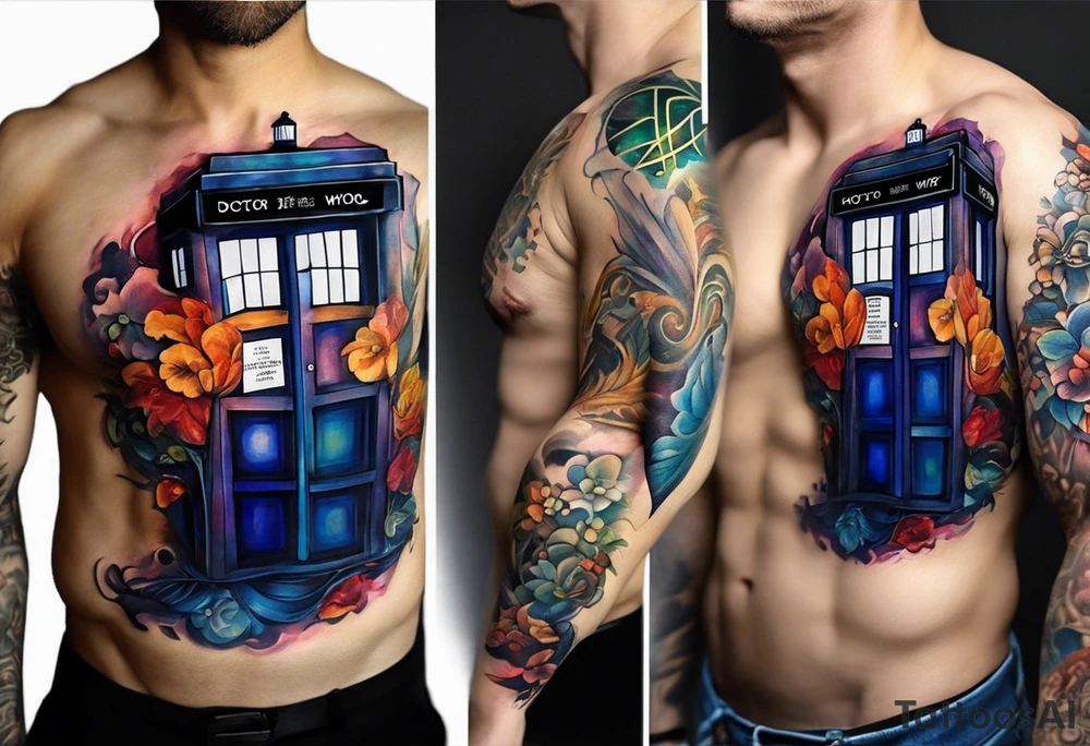 Quiero el diseño de un tatuaje a color para hombre que cubra el pectoral izquierdo, el hombro, el brazo y el antebrazo, debe ser estilo biomecanico, que incluya alusiones a ciencia ficción de doctor who, de Robert Heinlein y dee Isaac Asimov, que represente el dolor de la vida humana y también el futuro de la tecnología, debe tener el nombre de Itzel en el centro del hombro conectado a un corazón en el pecho tattoo idea
