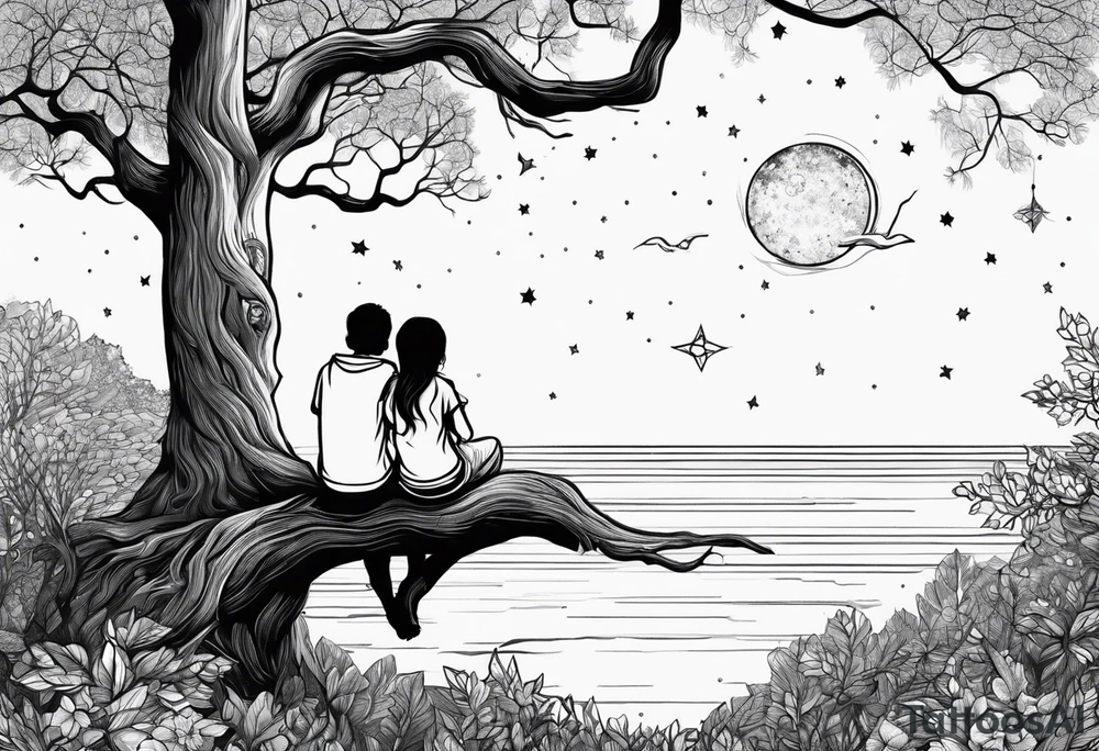 Two siblings watching a starfall by the sea. They are sitting on a tree branch in the woods and having an angel by There side tattoo idea