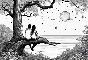 Two siblings watching a starfall by the sea. They are sitting on a tree branch in the woods and having an angel by There side tattoo idea