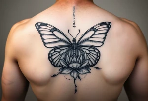 butterfly with cracked wings and lotus flower with quote that says “she wore her scars like wings” all down spine but very elegant towards lower back and small tattoo idea