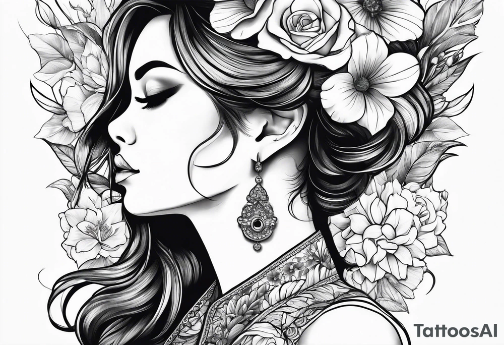 Half faced woman with flowers tattoo idea