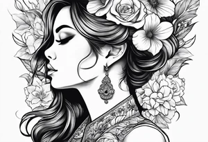 Half faced woman with flowers tattoo idea