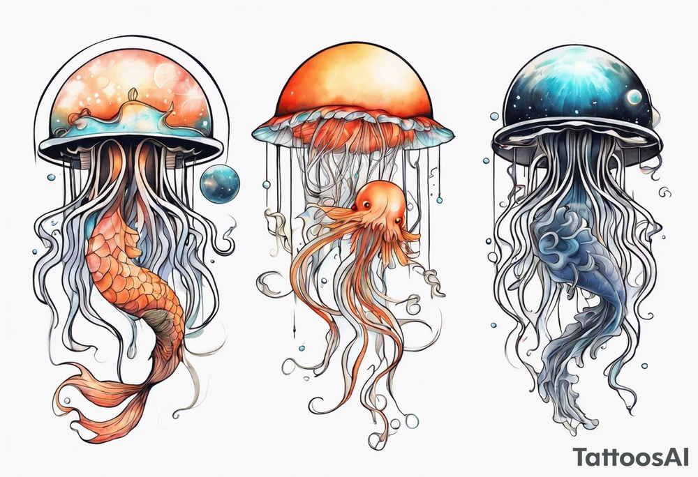 1 jellyfish with the moon in the lid. Then with koi carp and jellyfish swimming amongst the tentacles tattoo idea