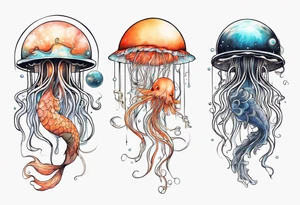 1 jellyfish with the moon in the lid. Then with koi carp and jellyfish swimming amongst the tentacles tattoo idea