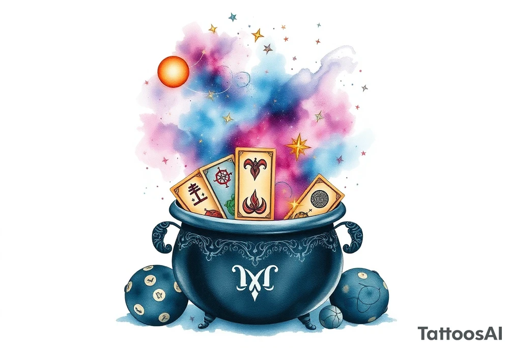 Milky way galaxy filled with zodiac symbols runes tarot cards coming out of a cauldron tattoo idea