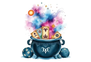 Milky way galaxy filled with zodiac symbols runes tarot cards coming out of a cauldron tattoo idea