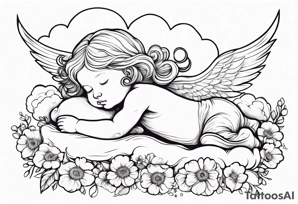 baby renaissance angel sleeping on cloud, flowers in long hair, celestial, ethereal tattoo idea
