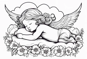 baby renaissance angel sleeping on cloud, flowers in long hair, celestial, ethereal tattoo idea