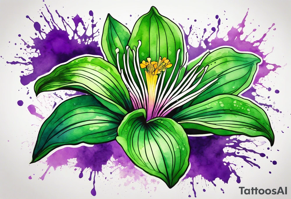An outline of an only green rio dipladenia flower and a green and purple watercolor splash in the background tattoo idea