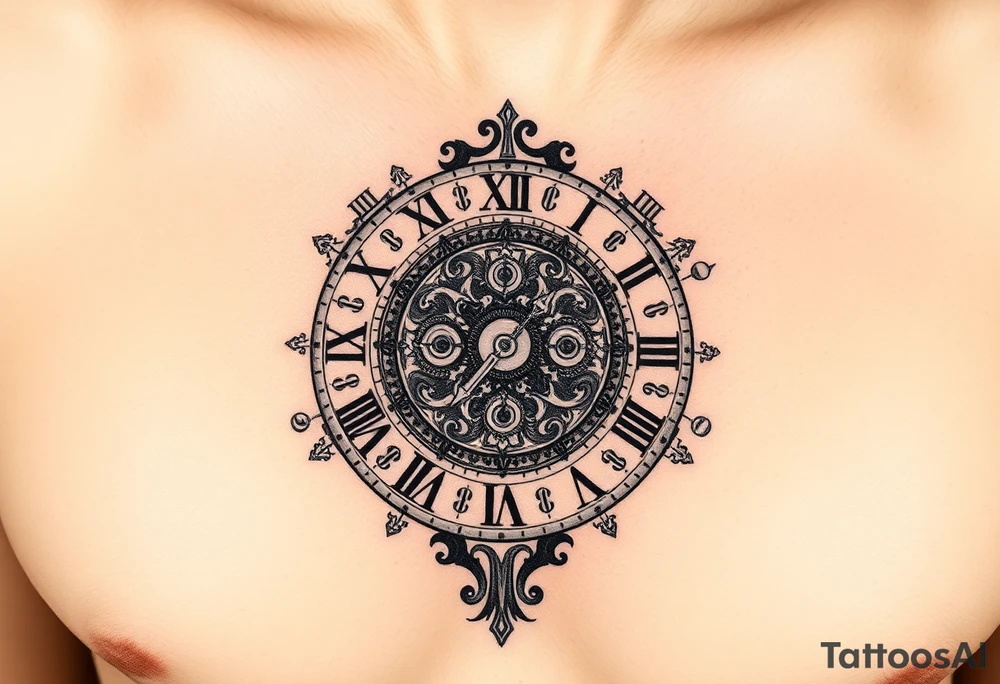 vintage roman numerals within ornate clockwork mechanism tattoo idea